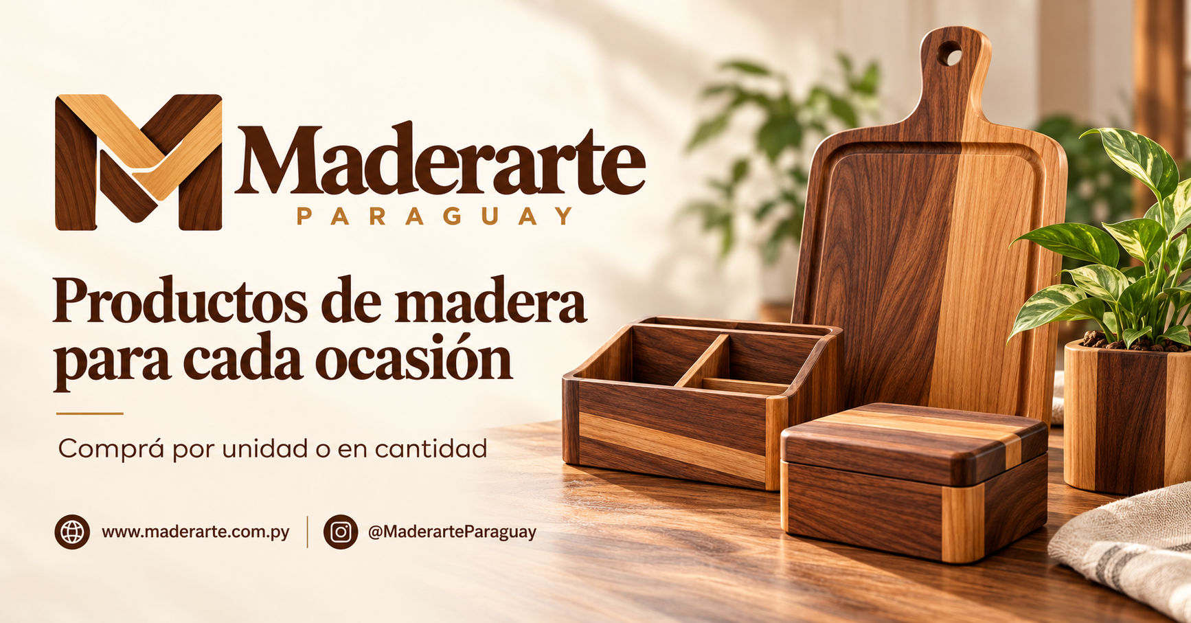 Ejemplos ilustrativos de objetos de madera: tabla, organizador, caja y macetero
